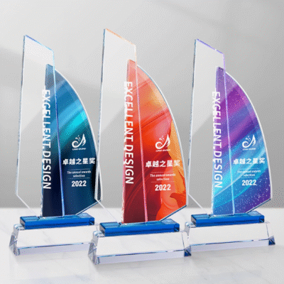 Elegant Multi-colored Sail Shaped Crystal Trophies Award