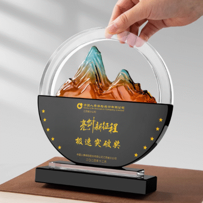 Custom Color Printing Mountain Peak Crystal Glass Award Plaque Trophy