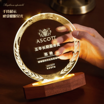 Customized Logo Wooden Base Polished Crystal Award Trophy with Lights