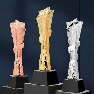 Elegant Twisted Gold Silver Bronze Trophy Award with Intricate Details